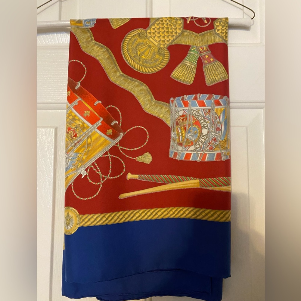 HERMES Make Offer! SILK SCARF Blue White Yellow Drum Sticks Tassels Patriotic - Picture 4 of 4